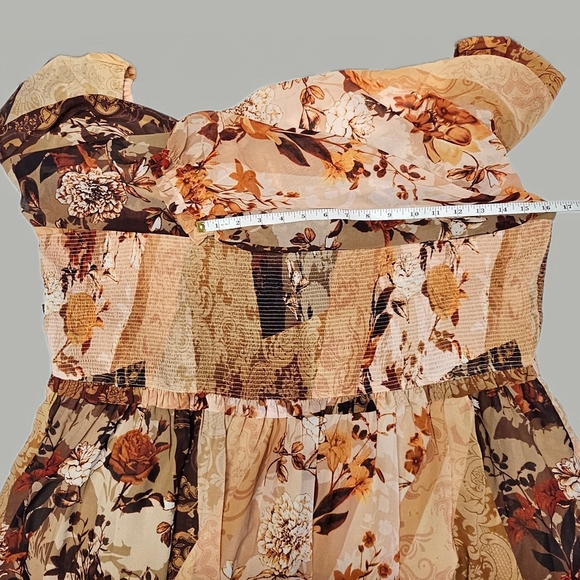 City Chic Floral Patchwork Smocked Floral Midi Dress Printed Long Balloon Sleeve - Picture 10 of 13